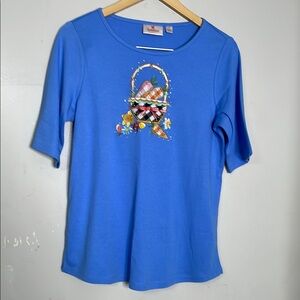Quacker Factory‎ Blue Embellished Easter Basket Half Sleeve T-Shirt